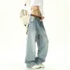 Jeans Retro Americano Azul Lavado com Textura de Bigodes de Gato Micro Flare para Homens e Mulheres Outono Limpo Ajustado Tendência Casual Calças Longas