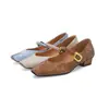 Nuevos Zapatos Mary Jane Cuadrados Estilo Chino Nacional Retro de Piel de Oveja para Mujer, Marrón Francés, Boca Baja, de una Sola Capa, con Hebilla Gruesa