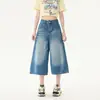 Jeans Azul Claro Americano Lavado Pierna Ancha Mujer Verano Cintura Alta Talla Grande Holgado Gordo mm Recto Shorts Tres Cuartos