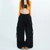 Novas Calças Largas de Cintura Alta Pretas para Primavera e Outono Femininas, Calças Cargo Largas com Múltiplos Bolsos, Calças Casuais, Calças Versáteis que Emagrecem de Comprimento Total