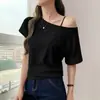 Camiseta Off-Shoulder Feminina Popular Verão Estilo Fino 2025 Nova Cor Sólida Versátil Solta Duas Vias Top Sexy