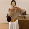 Cárdigan de Punto Coreano de Estilo Nuevo para Primavera y Otoño, Color Bloque, Hilo Floral, Cuello Redondo, para Mujer, Suéter Abrigo Holgado y Suave