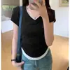 Camiseta de Manga Corta con Diseño Falso de Dos Piezas Cosidas, Estilo Coreano Delgado de Verano para Mujeres, Top Corto para Figuras Pequeñas