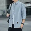 Chegada Nova de Verão Camisa Masculina de Sete Mangas Nova Cor Pura Solta Tendência Casual Roupa de Trabalho Versátil Camisa com Bolso Masculina