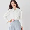 Camisa feminina branca de manga bufante e manga comprida, novo estilo outono, top doce retrô, camisa de manga lanterna respirável e elástica