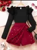 26 Roupas Infantis para Meninas Europeias e Americanas Outono Novo Lindo Laço Manga Longa Moda Saia Calça Studded Fábrica de Origem