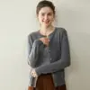 26 Outono Inverno Novo Suéter de Caxemira Cardigã Feminino Gola Redonda Cor Sólida Versátil Suéter de Caxemira de Cabra Malha Outerwear Top Solto
