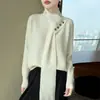 Suéter de tricô de alta qualidade com gola cachecol 100% lã pura para mulheres, outono e inverno, caimento solto, afina a silhueta, elegante, quente e estiloso.