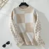 Suéter de Tricô Feminino Pulôver Xadrez Color Block Estilo Chuva Leve Europeu e Americano Transfronteiriço, Top Feminino Versátil Moda Outono e Inverno