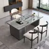 Conjunto de mesa de centro e cadeiras em pedra sinterizada de luxo leve, adequado para escritório, varanda ou uso doméstico; mesa de chá pequena moderna com chaleira de água integrada e estação de chá em pedra