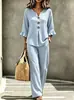 Nuevo conjunto de top casual de manga tres cuartos a cuadros con botones y cuello en V con volantes y pantalón para mujer, transfronterizo europeo y americano