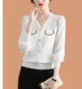 Tejido de punto de seda de morera con cuello en V para mujer, fino, ropa nueva de primavera 2025, popular, top base con manga de gasa