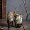 Vaso de Cerâmica Grossa com Duas Alças, Esmalte Manchas Queimado em Forno, Design Original Pintado à Mão com Juncos, Recipiente Rústico para Arranjo de Flores, Nova Decoração para Sala de Chá Estilo Zen Chinês
