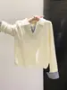 Conjunto de dos piezas estilo coreano: polo con patchwork a rayas y suéter de punto de manga larga, nueva colección otoño/invierno, top versátil para mujer