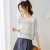 Tejido de punto hueco degradado de manga larga para mujer, primavera/otoño 2026, nuevo diseño, cuello redondo, top corto petite