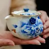 Tetera de Peonías Glaseada con Soda para Uso Doméstico, Tetera de Mano con Tapa, Juego de Té Kung Fu Individual de Alta Gama con Taza de Té Antiescaldable con Borde Dorado