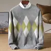 Suéter de lana 100% pura para hombre para otoño e invierno, jersey de cuello redondo, jacquard, corte holgado, suéter base de punto casual de negocios para hombre