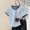 Camiseta Curta Europeia e Americana Foto Real Manga Curta Feminina Verão Slim Fit Estilo Coreano Camiseta Básica com Borda de Orelha de Madeira Top de Meia Manga