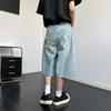 Pantalones Capris de Color Retro Americano con Estampado de Letras para Hombres y Mujeres Verano Nuevo Calle Alta Pierna Recta Casual Shorts de Mezclilla