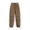 Foto Real de Calças de Trabalho de Estilo Novo para Primavera e Verão com Bolsos Grandes para Mulheres, Calças Wide Leg Estilo Americano, Modelagem Solta, Tamanho Grande, Calças Afuniladas para Mulheres