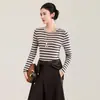 Suéter top de manga larga a rayas vintage de punto fino de lana merino ultrafina de 2613310-16 agujas para principios de otoño