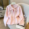 Moda Coreana Elegante Dulce Corbata de Lazo con Cordones Suéter Rosa de Punto Cardigan Top para Mujer Otoño/Invierno