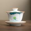 Cuenco de té de cerámica de estilo chino, cuenco de té sencillo de tres piezas para el hogar, cuenco de té grande antiescaldadura estilo pastoral Dehua.
