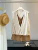 Top de Algodão e Linho com Bloqueio de Cores, Falso Duas Peças, Gola V, Sem Mangas, Feminino, Verão, Novo, Cintura Ajustável, Emagrecedor, Versátil, Peça de Sobrepor