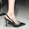 Zapatos de Tacón Alto Negros de Charol con Cadena y Pedrería Otoño Nuevo Puntiagudos Hermosos Zapatos de Novia Sandalias