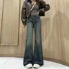 Jeans Rasgado Retro para Meninas Plus Size Outono/Primavera 2024 Novo Estilo Americano Cintura Alta Emagrecedor Tendência Calça Flare