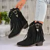 Comércio Exterior Transfronteiriço plus size outono e inverno novas botas western cowboy de camurça vintage com saltos grossos, tachas e franjas para mulheres