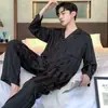 Pijama de Manga Larga para Hombre Primavera y Otoño Delgado Seda de Hielo Guapo Ropa Exterior Ropa de Casa conjunto Talla Grande Pijama Holgado para Hombre