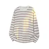 Camiseta Minimalista de Manga Larga con Rayas Finas para Primavera/Otoño, Holgada, Hombros Caídos, Cuello Redondo, Jersey Unisex, Versátil, Capa Base