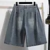 Toma Real de Shorts de Mezclilla Cropped de Pierna Ancha Lavados Estilo Vintage Retro Americano Talla Grande 21 para Mujer, Nuevo Estilo de Verano, Pantalones Rectos de Ocho Puntos
