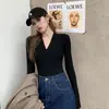 Suéter de malha outono e inverno feminino slim fit elástico decote V profundo camisa base estilo puro sexy manga longa top atacado