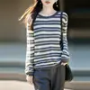 Suéter Tricô Feminino Fino de Lã Novo Outono/Inverno 2026 com Renda, Gola Redonda, Mangas Longas, Listras Color Block e Design de Camada Base