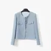 Chaqueta de Tweed Estilo Chanel Elegante de Alta Gama para Primavera y Otoño, Top Corto Azul Reductor de Edad 25123