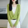 Top de malha com decote V cruzado estilo francês para mulheres, camiseta pulôver versátil de manga longa, top curto casual para o início do outono