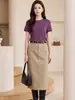 Camiseta elástica de alta calidad con cuello redondo de Lyocell para mujer, estilo básico simple de verano, hombro normal, top versátil de manga corta