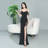 Vestido Longo Sexy Decote V Ombro a Ombro para Boate Roupa de Trabalho Vestido de Festa Fenda Cobrindo o Quadril Roupas de Trabalho para Técnico de Pedicure em Academia