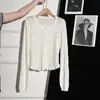 Cárdigan de punto calado blanco de un solo botón con mangas largas para mujer, nuevo estilo de otoño con volantes, adecuado para mujeres petite