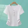 Moda Femenina Blanca de Moda 2026 Verano Nuevo Diseño Cuello en V Dobladillo Irregular Curvo Estilo Coreano Manga Corta Camiseta para Mujer