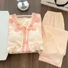 Conjunto de pijama de verano para mujer con copas en el pecho, manga larga y pantalón largo, estampado floral, lujosa ropa de casa de algodón nube con ribete de encaje