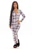 Mono de pijama casual sexy con estampado a cuadros, manga larga, pantalón largo, cuello en V para mujer, estilo europeo y americano, 2024