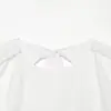 Venta al por mayor transfronteriza 2026 Moda europea y americana para mujer, blusa con lazo en la espalda, dobladillo con volantes y mangas acampanadas F41562