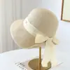 Sombrero de Paja Elegante Estilo Francés con Lazo de Cinta para Mujer, Protección Solar de Verano, Adelgazante Facial, Sombrero de Sol para Vacaciones en la Playa