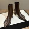 Botines Cortos de Punta con Hebilla de Cinturón para Mujer Botas Ajustadas Nuevo Estilo Europeo y Americano Otoño e Invierno Botas de Tacón Alto con Cremallera Trasera Tacón Grueso
