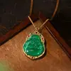 Collar Estilo Chino Moda Nacional Barriga Grande Maitreya Calcedonia Verde Imitación Abuela Loto Tathagata Cadena de Clavícula para Mujer Lujo Ligero
