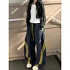 Pantalones de Chándal Anchos Talla Grande 150kg Estilo Americano con Tres Rayas para Mujer, Otoño e Invierno, Forrados de Felpa, Gruesos, Sueltos, con Retazos, Joggers