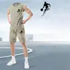 Conjunto de Regata Sem Mangas de Corrida Masculina de Secagem Rápida Transfronteiriço Roupas de Treinamento Físico Camisa de Basquete Conjunto de Duas Peças com Regata e Shorts de Verão